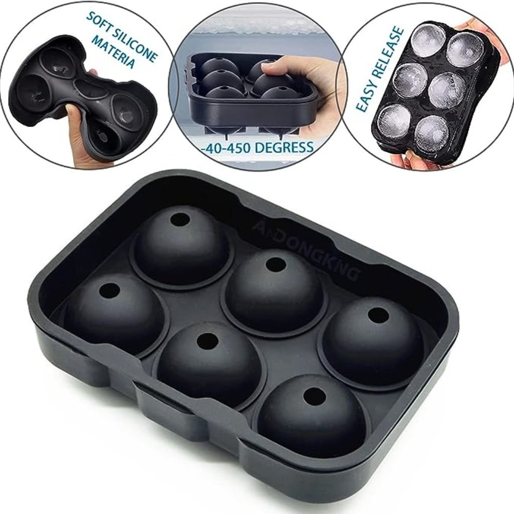 Silicone Ice Cube Trays Bundle 2 Pack Large Square Cube Round Sphere Molds Black - Picture 3 of 12